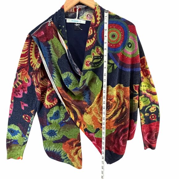 Desigual Beni Cardigan Sweater Women M Multicolor Floral Asymmetrical Boho Artsy - Picture 11 of 15